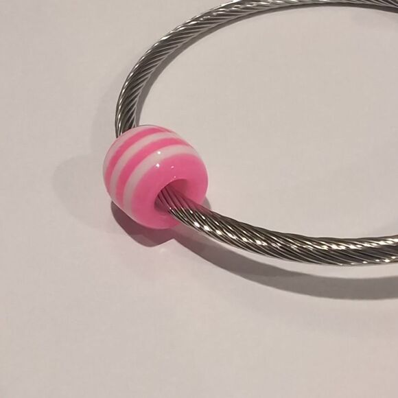 Pink and White Striped Charm for Pandora Style Bracelet - Picture 3 of 4